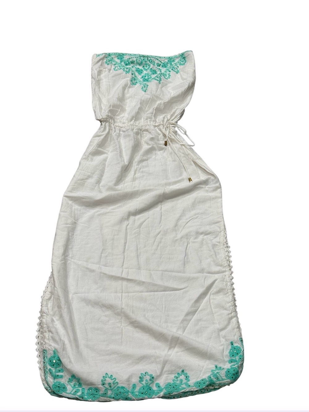 Cynthia Rowley Strapless White Cotton Maxi Dress Aqua Embroidered XL - Picture 2 of 4